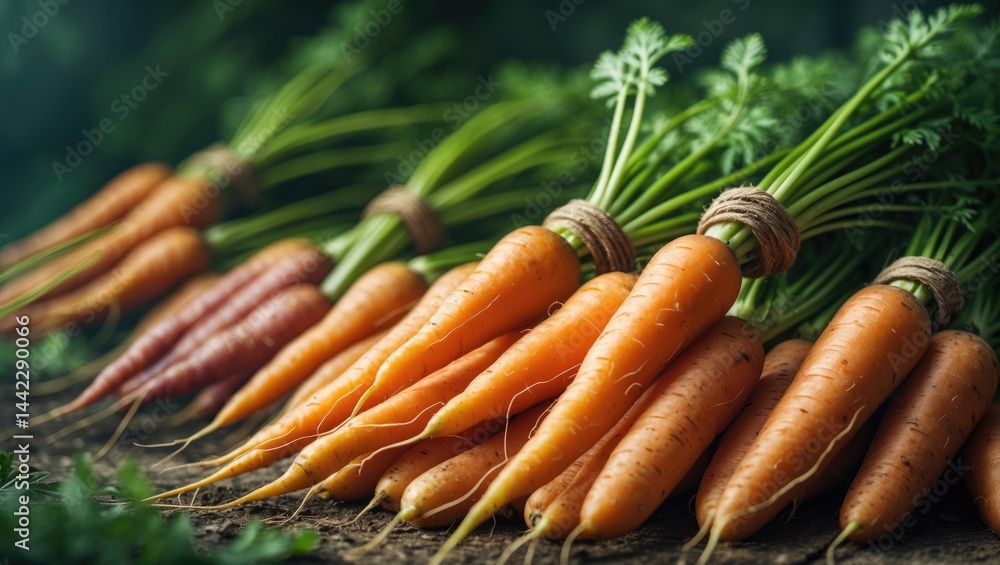 Poster bunches of vibrant carrots topped with green foliage, held together by elastic bands. focused image 