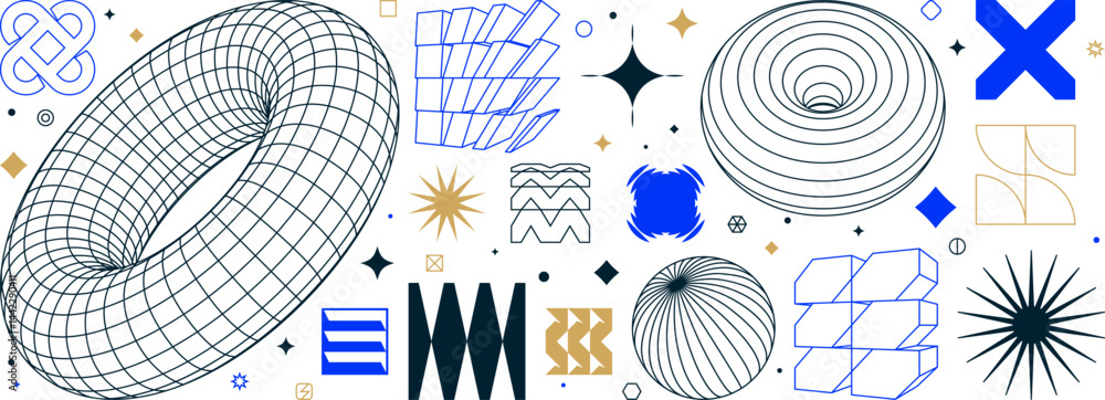 Aufkleber Postmodern abstract geometric shapes with wireframe elements of different forms, Vector graphic assets kit acid style, Y2K trendy design in brutalism aesthetic, template basic symbols