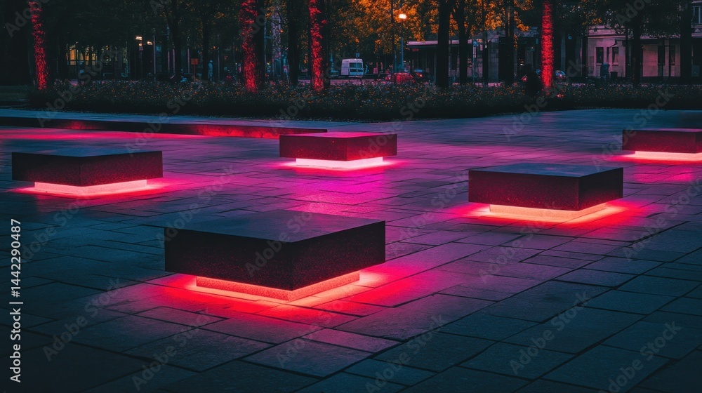 Poster Illuminated modern seating arrangements during the evening hours creating a scene