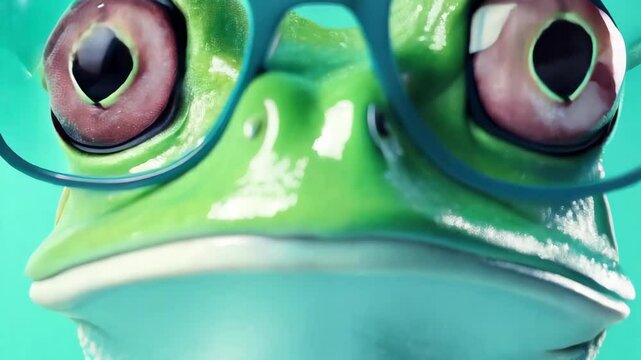 Green frog portrait. Frog wears blue glasses. Animal face looks forward. Light blue background. Close up view of amphibian with eyewear.