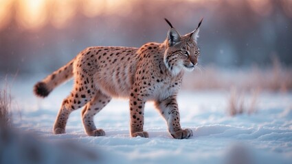 Obraz premium Lynx at icy sunrise. Young lynx walks in the snow on a frosty morning. Beautiful wild feline in winter landscape. Predator in natural surroundings. Animal with orange spots on its fur.
