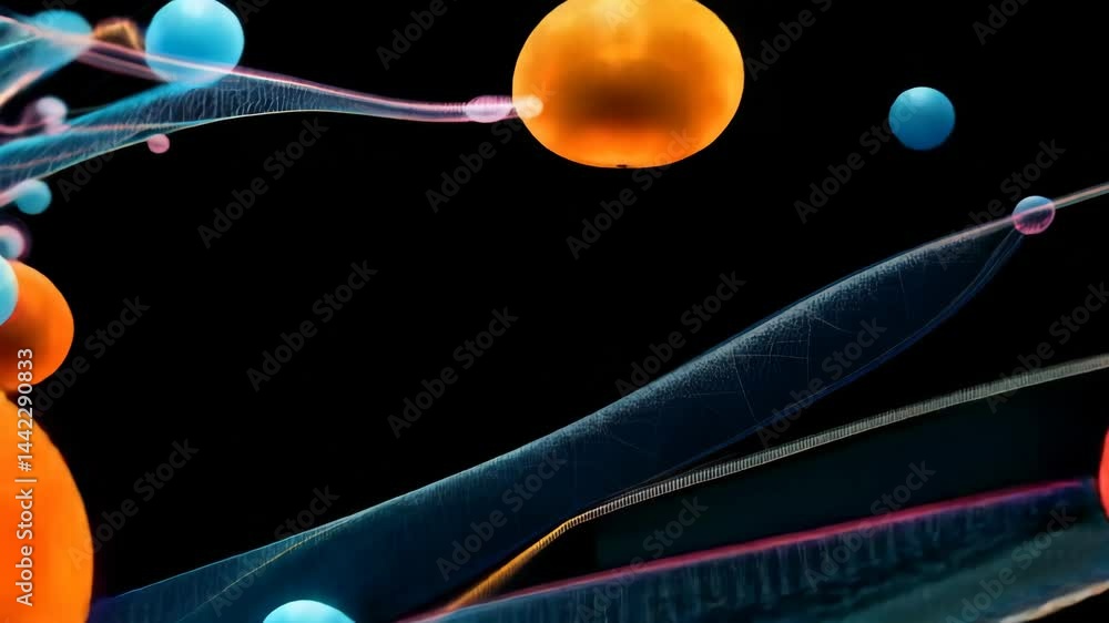 Poster abstract spheres floating on black backdrop. orange and blue shiny balls with light trails connectin