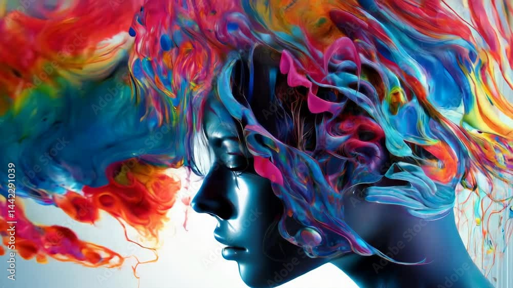 Poster abstract figure side profile. bright flowing colorful paint. creative design with liquid movement. d