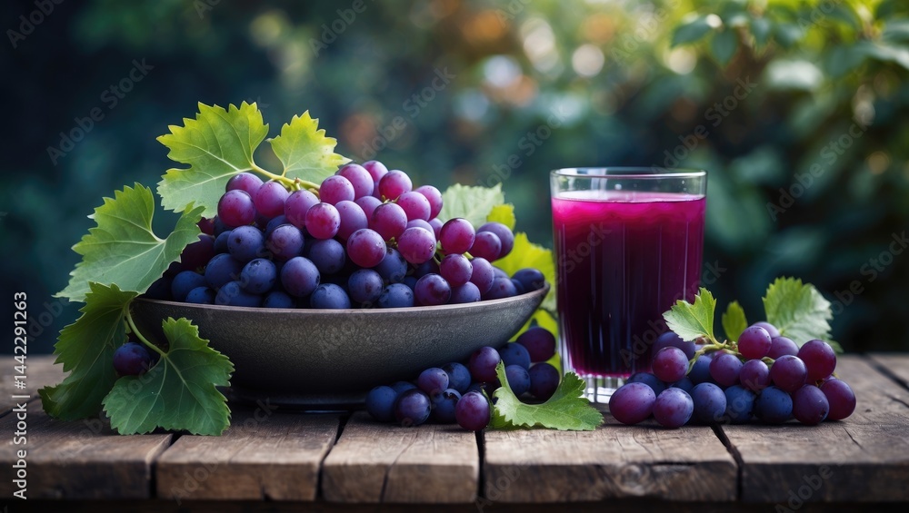Poster purple grape juice and fresh grapes displayed on the table.