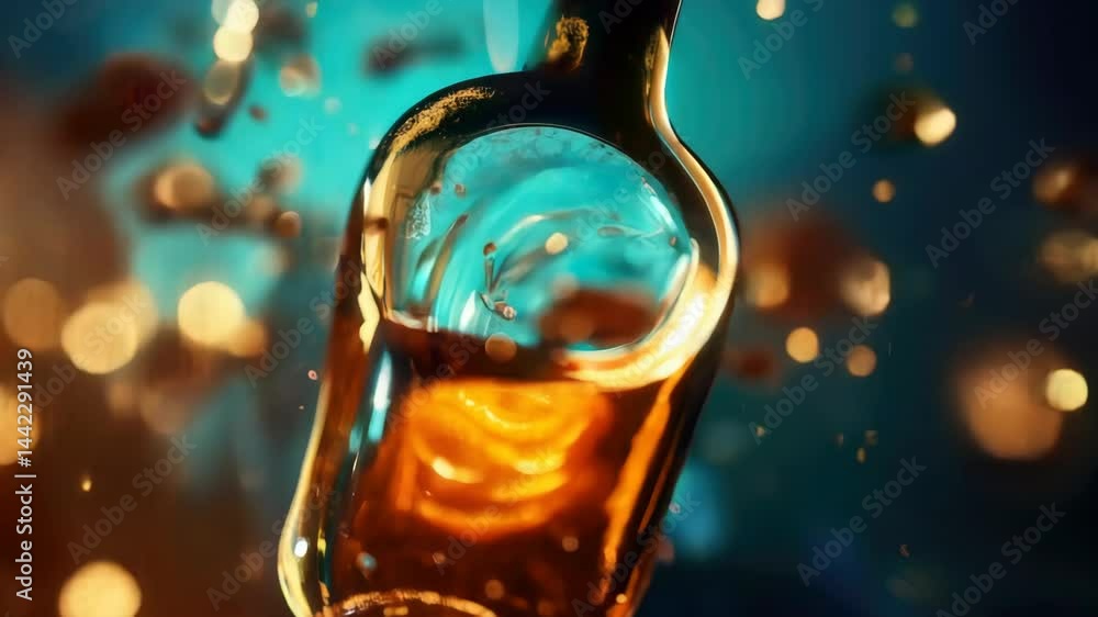 Poster glass bottle with amber liquid. light reflects off surface. bubbles float around. dark background wi