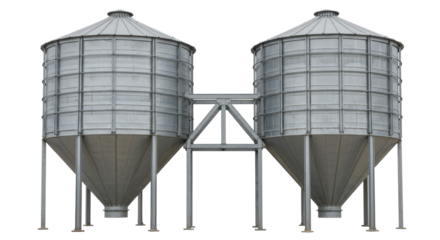 Isolated Silver Grain Silos Connected by Steel Structure