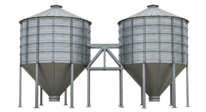 Isolated Silver Grain Silos Connected by Steel Structure