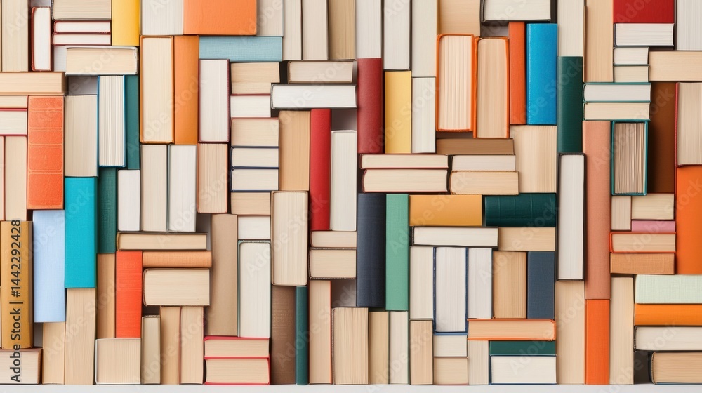 Poster a collection of books stacked in a visually appealing manner.