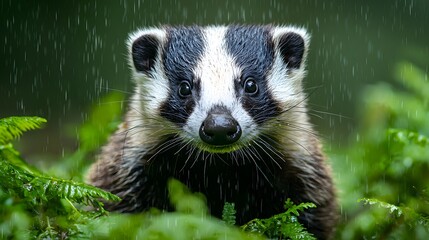 Curious badger emerges from the lush green forest