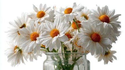Obraz premium a bunch of daisies in a clear glass vase on a white isolated background, delicate and fresh design