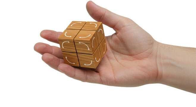 Isolated Wooden Puzzle Cube Handheld for Intellectual Stimulation