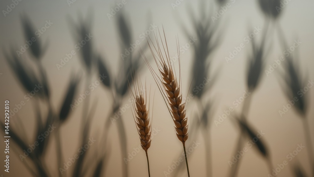 Poster top-down view of wheat and rye ears shadowing a sandy backdrop, featuring a flat lay and simple leaf