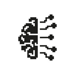 Pixelated Brain With Circuit Lines Icon. Artificial Intelligence And Neural Network Technology Symbol. Digital Innovation And Machine Learning Concept. Isolated Vector Illustration