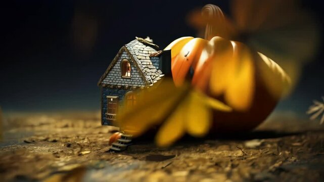 Miniature House Leaning Against Pumpkin on Ground With Scattered Leaves and Dark Background. Glowing Windows in Tiny House for Halloween Season.