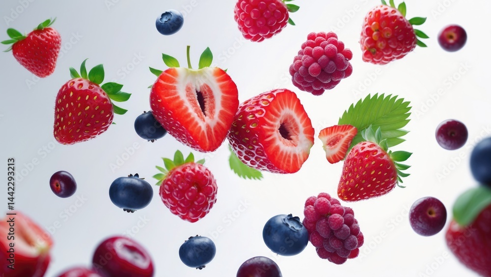 Poster different wild fruit mix falling with isolated flying berries on background and clipping path