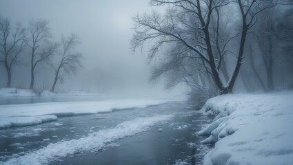 Snow-covered riverbank with trees during overcast weather
