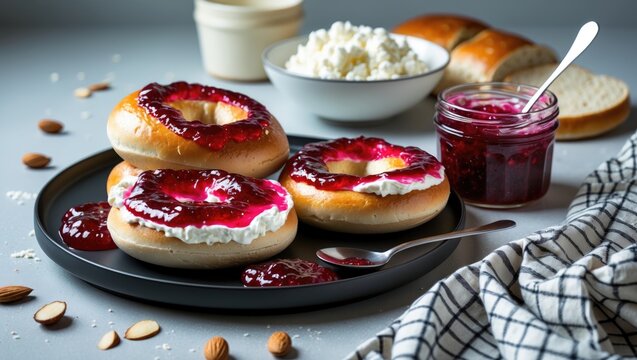Delicious bagels with berry jam and cheese cream on a rustic homemade bread background