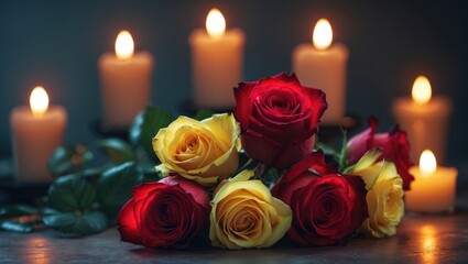 Colorful roses illuminated by candles create a romantic ambiance for a perfect date night in a dark backdrop with copyspace