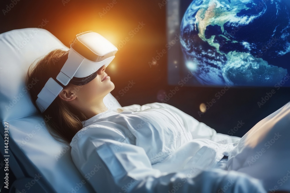 Poster a girl is utilizing a space simulator designed for astronauts or cosmonauts while wearing virtual re
