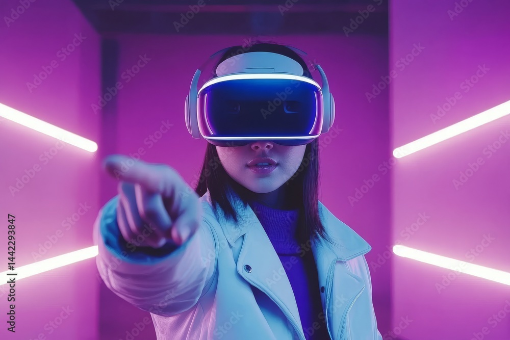 Aufkleber a portrait shows a man with a vr headset, his head turning and hands moving as he reaches out to tou