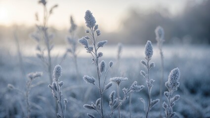 Frost-laden wildflowers stand proudly in front of a calm sky.