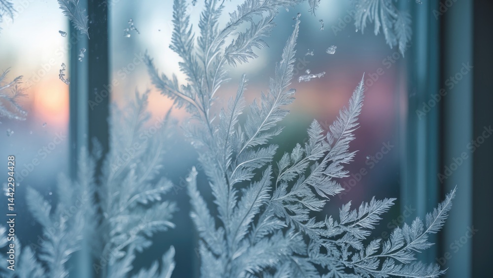 Poster close-up view of elaborate frost patterns presenting dainty, feathery ice crystals on a window.
