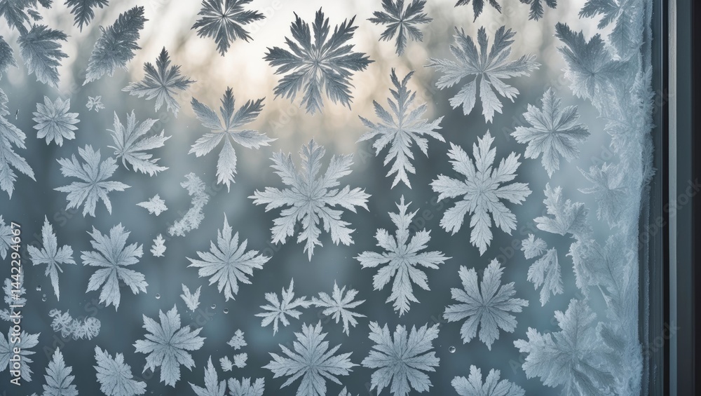 Poster detailed view of ice crystals on window frost patterns