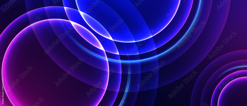 Poster glowing neon circles overlapping on dark abstract background