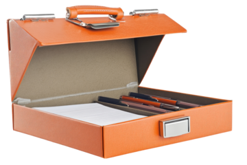 Open orange box with stationery