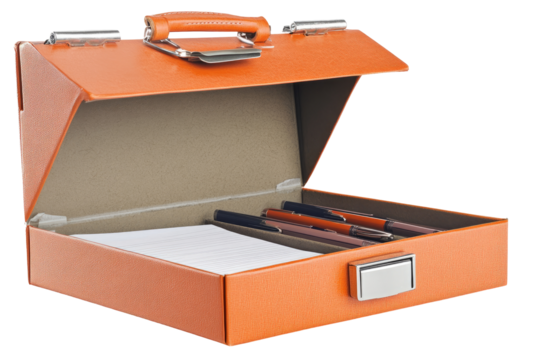 Open orange box with stationery - Powered by Adobe