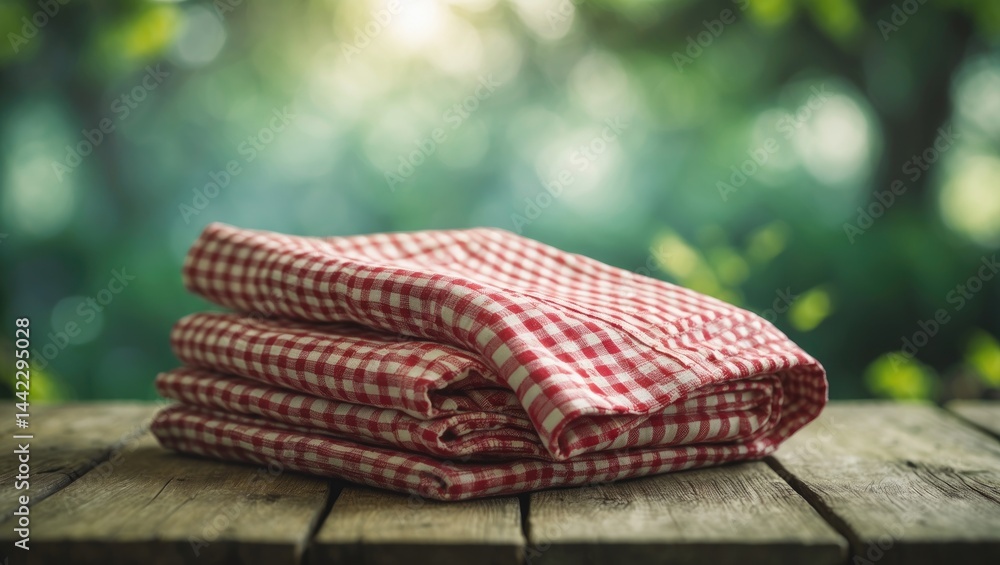 Poster Summer picnic scene featuring a red checked tablecloth on wood with green bokeh of trees in the background, designed for food and drink product visuals