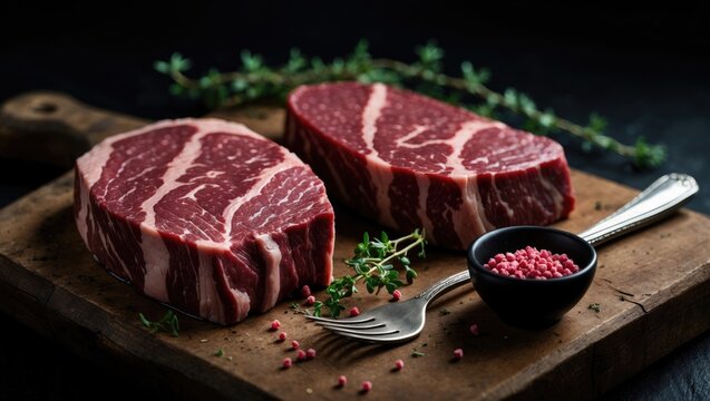 Uncooked top blade or flat iron beef meat steaks displayed on a butcher cutting board against a black backdrop