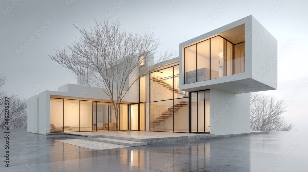 Poster a minimalist modern house design with open windows on a white isolated background, clean and simple 