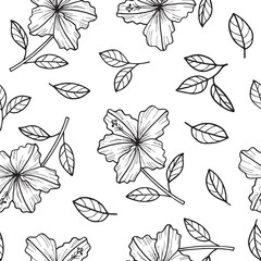 Seamless pattern of flowers and leaves in hand-drawn style on a white background.