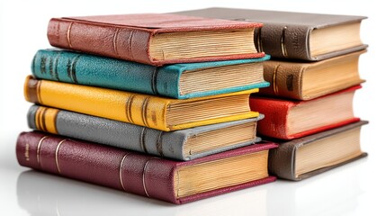 a stack of business books on a white isolated background, professional and informative look