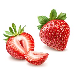 A still life of whole and sliced strawberries on a white background