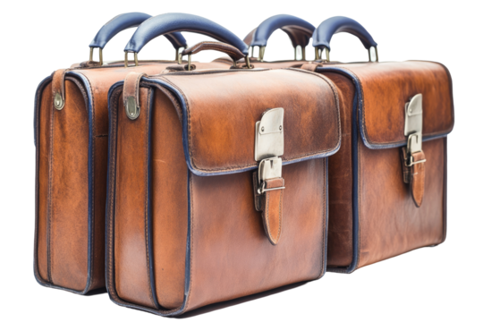 Two vintage leather travel bags, showcasing aged, rich brown leather with dark accents, and metal clasps  Detailed craftsmanship is evident in the stitching and design