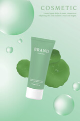 Cosmetic product ads template on green background with bubble and  Centella Asiatica.