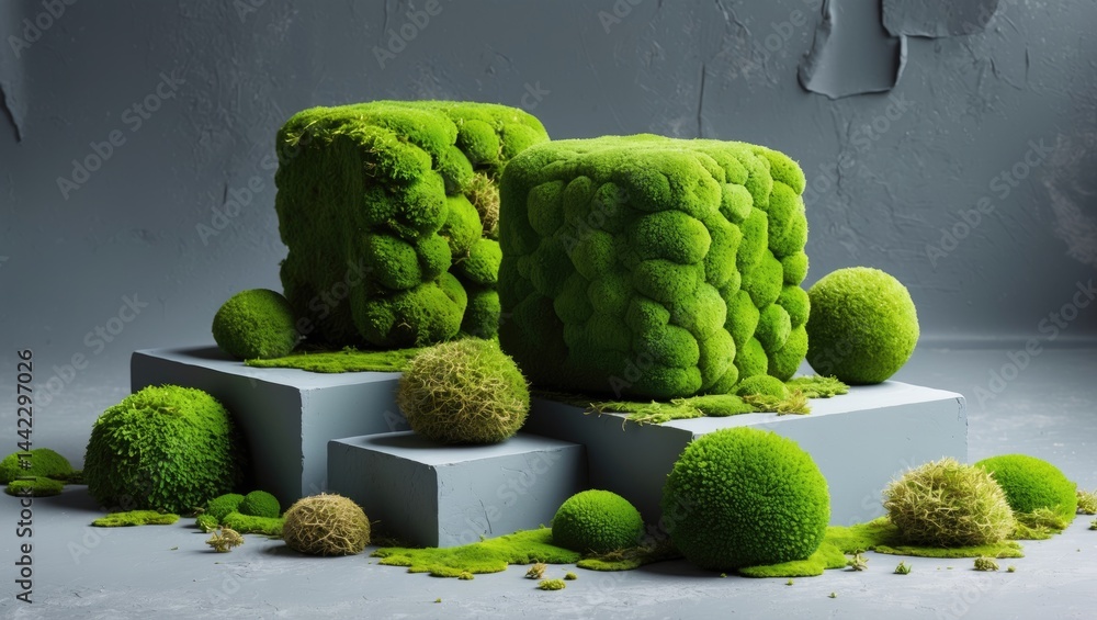 Poster podium of moss-covered stone on a table for showcasing organic cosmetic products. natural presentati