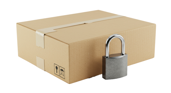 Isolated Cardboard Box with Silver Padlock Security Concept