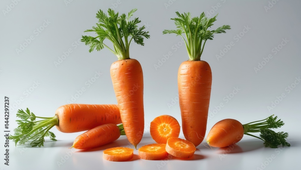 Poster set of isolated carrots, halves, and pieces with clipping path on background