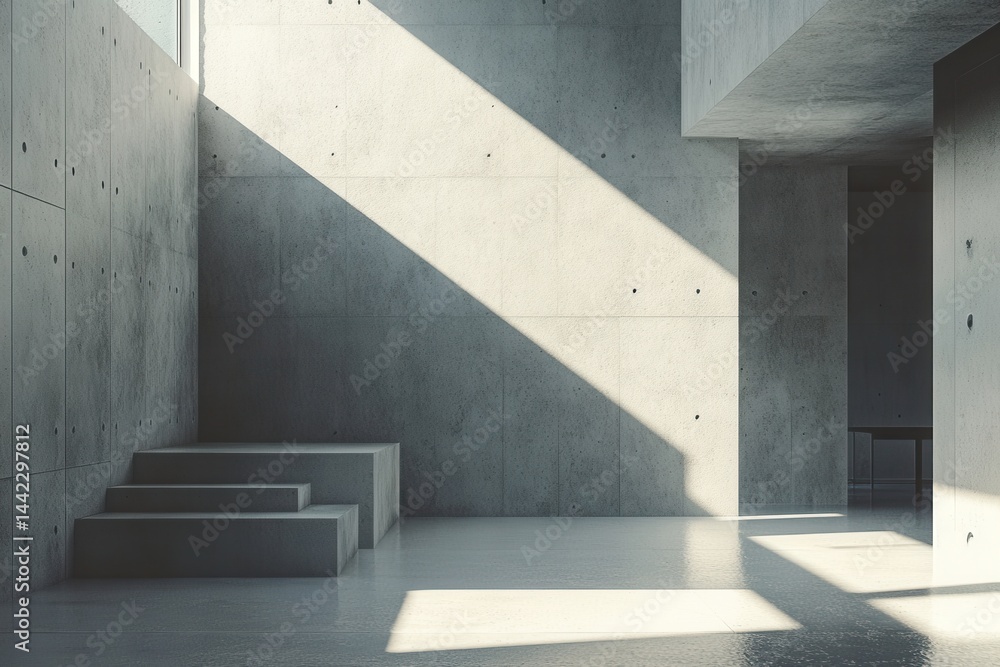 Poster Light and shadow play across concrete stairs and walls in this minimalist architectural space, highlighting texture and form.