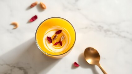 Top-down close-up of Mango Lassi in clear glass, rich swirls of puree and yogurt, rose garnish, white marble background, soft light, elegant and modern, 16K resolution.