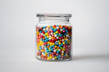 Glass jar filled with multi-colored sweets. Sweet candies of varied colors and shapes visible through transparent container, simple background.