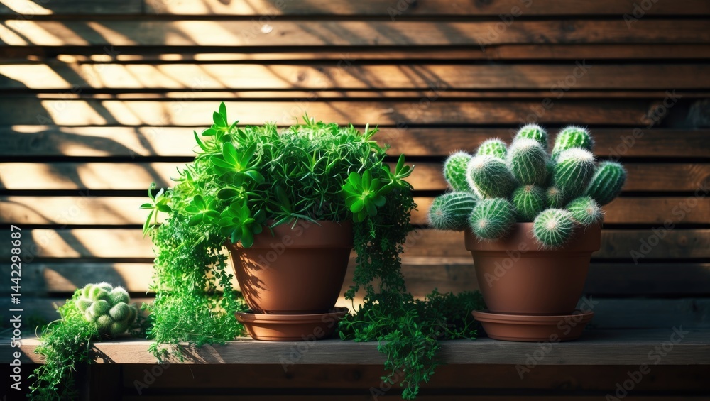 Poster a selection of cacti and succulents displayed in compact flowerpots.