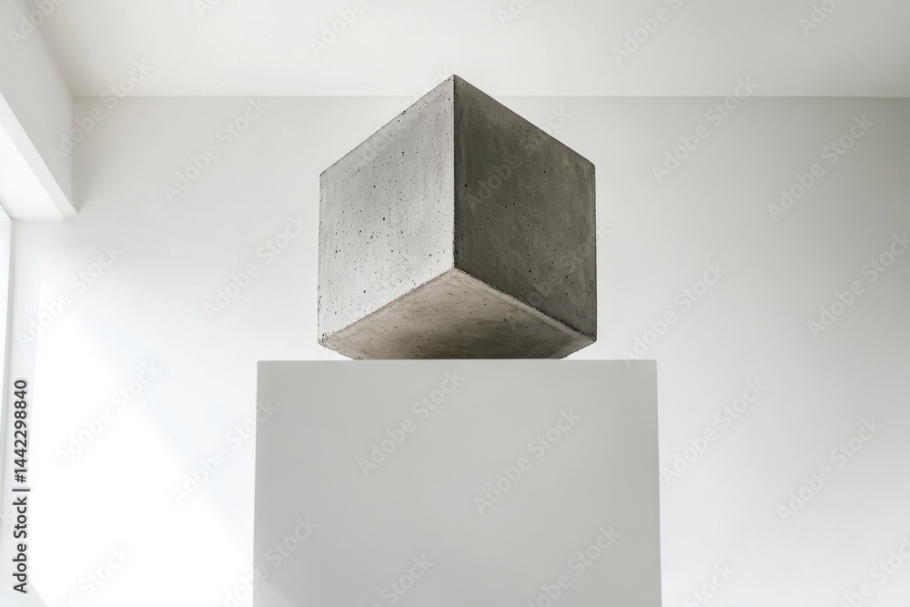 Poster geometric still life: a textured concrete cube atop a pristine white pedestal. modern minimalism mee