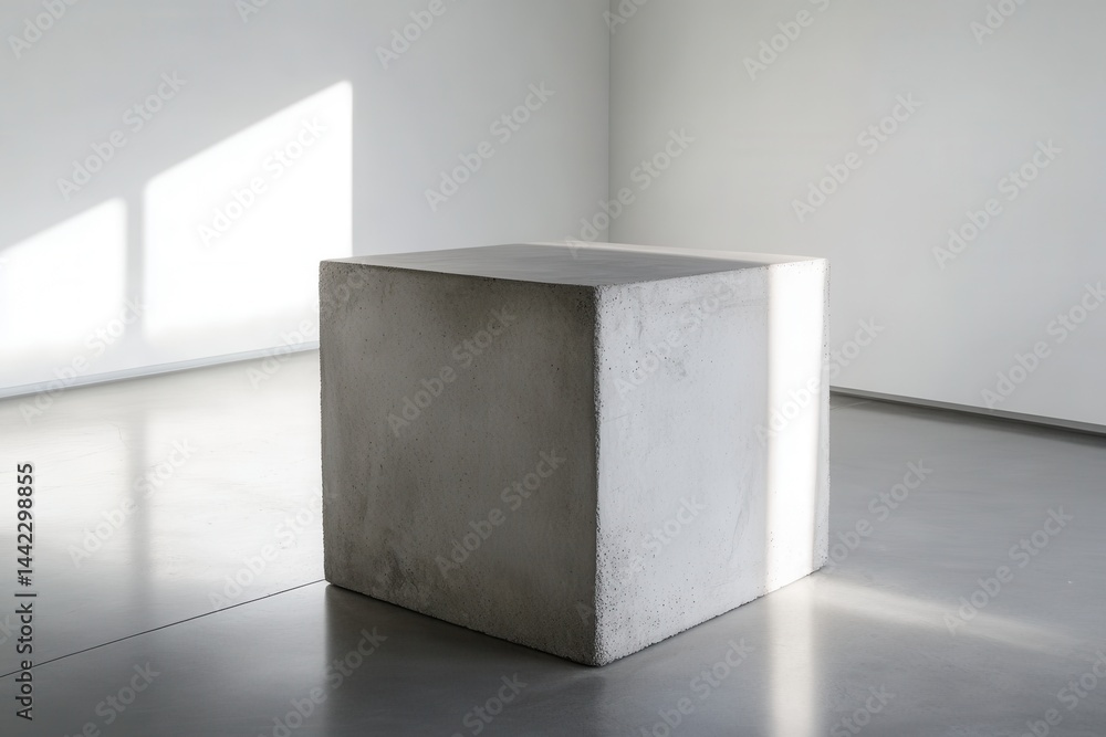Poster minimalist interior featuring a concrete cube bathed in sunlight, accentuating its simple form and t