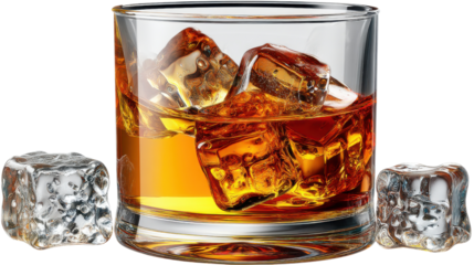 Whiskey on the Rocks: A tantalizing pour of amber liquid dances with clear ice cubes, perfectly chilled, in a classic rocks glass, inviting a moment of sophisticated relaxation.