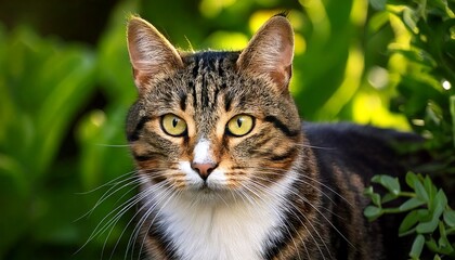 Fierce Tabby Cat with White Chest in Garden