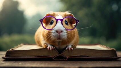amusing guinea pig sporting glasses while reading a book outdoors